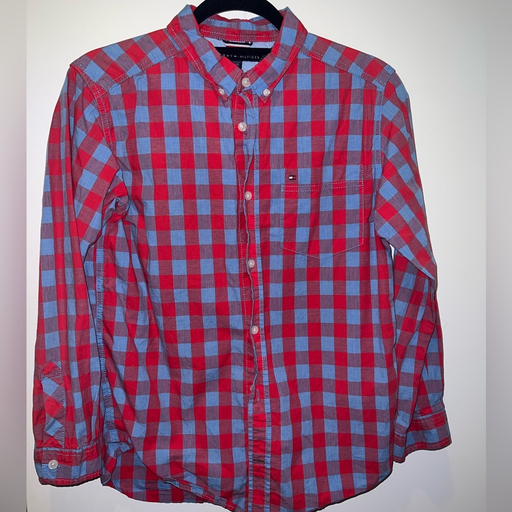 Tommy Hilfiger long sleeve plaid button down (red and light blue)